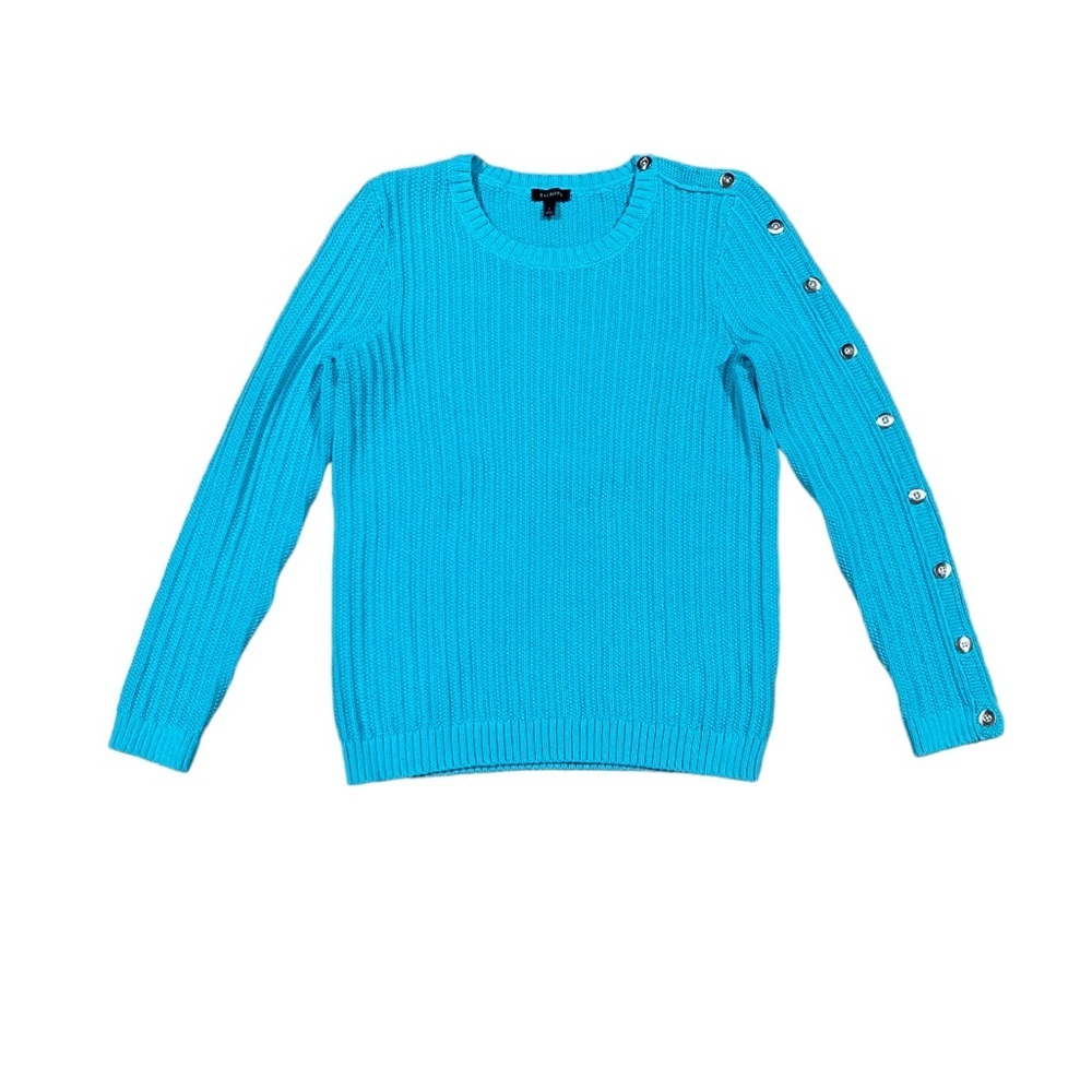 Talbots Blue Knit Long Sleeve Sweater Silver Button Small‎
